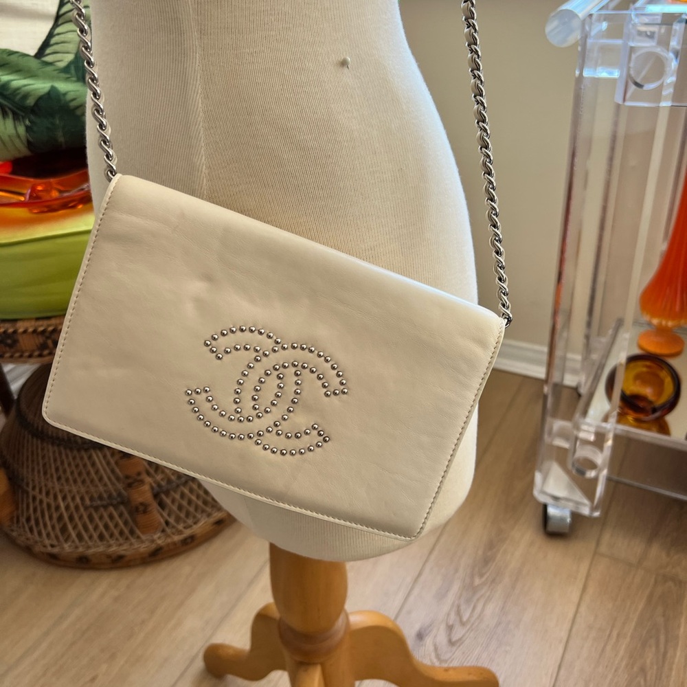 $2,000.00 Chanel Wallet on Chain 2008-2009 Lambskin Studded creamy white/beige
